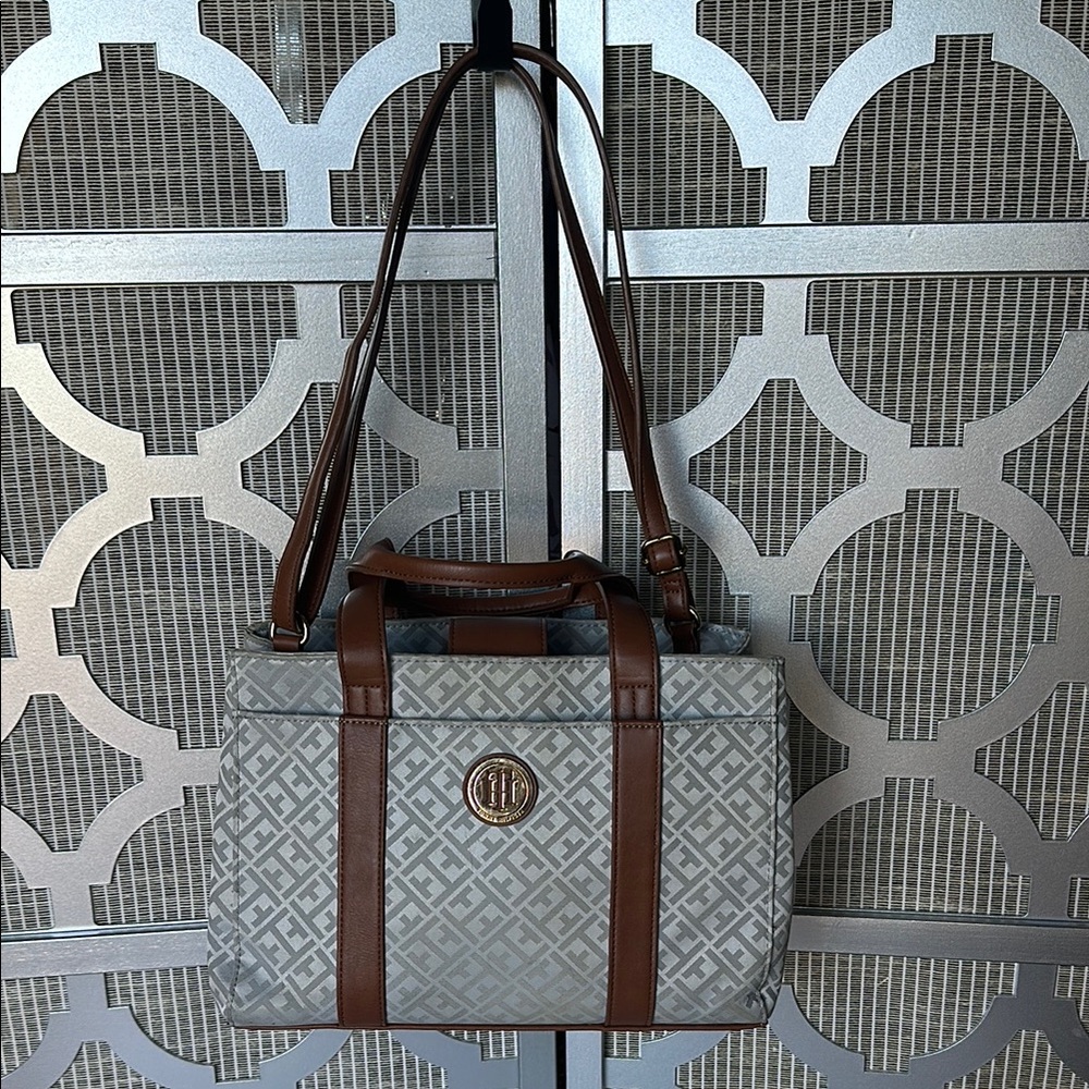 Tommy Hilfiger Gray and Brown Shoulder Bag with Geometric Pattern